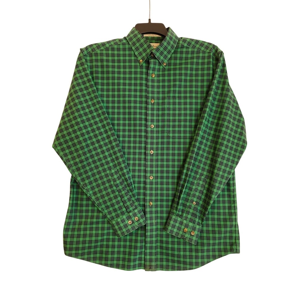 LL Bean‎ Mens Shirt Medium Green Plaid Wrinkle Resistant Traditional Fit